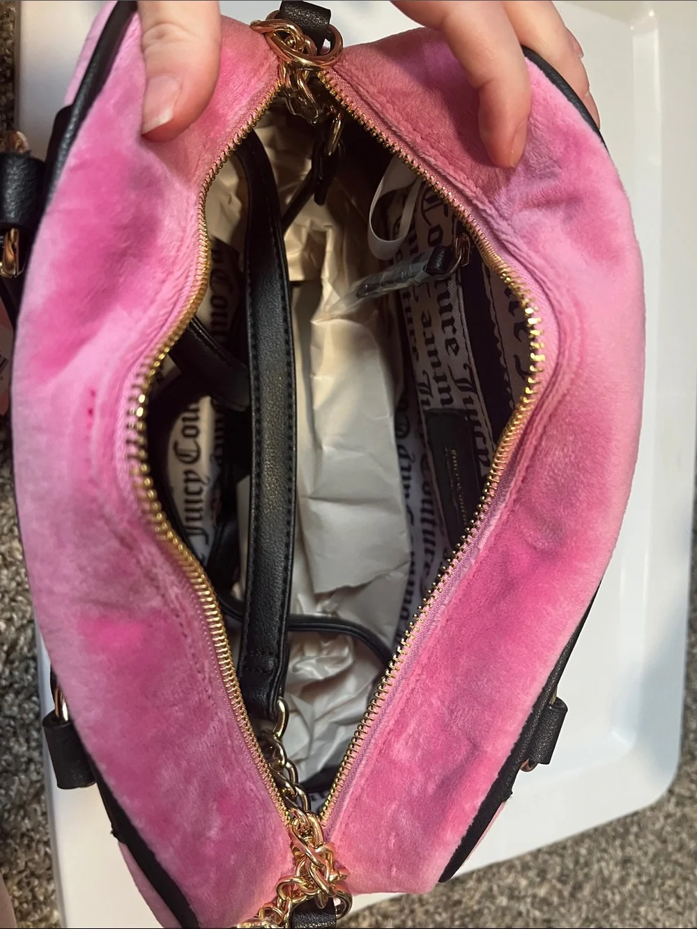 Juicy Couture Pink Velvet Satchel with Black Trim and Heart Charm